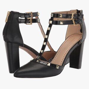 ADRIENNE VITTADINI Black Studded T-Strap Block Heel Pumps